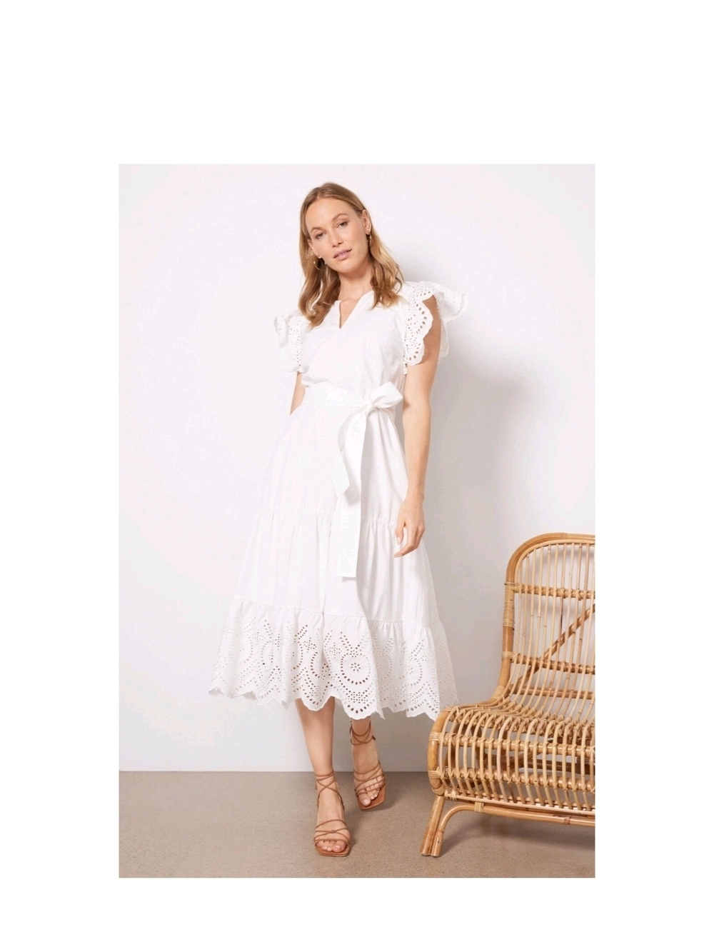 White Eyelet Midi Dress with Tie Waist